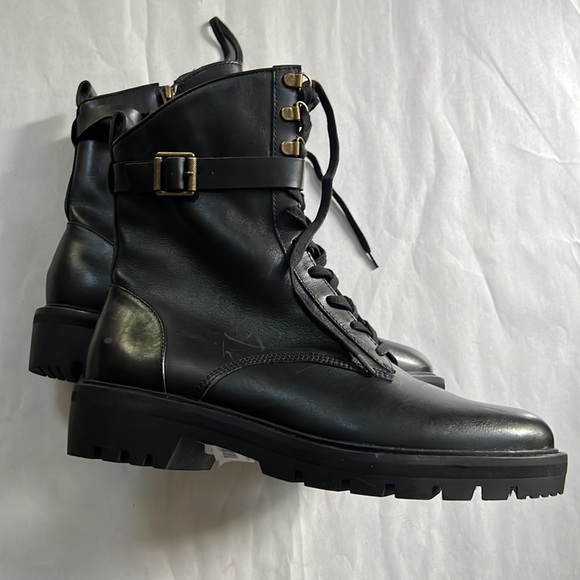 Antonio Melani Black Dylan Buckle Leather Lug Sole Combat Booties. - Picture 11 of 15